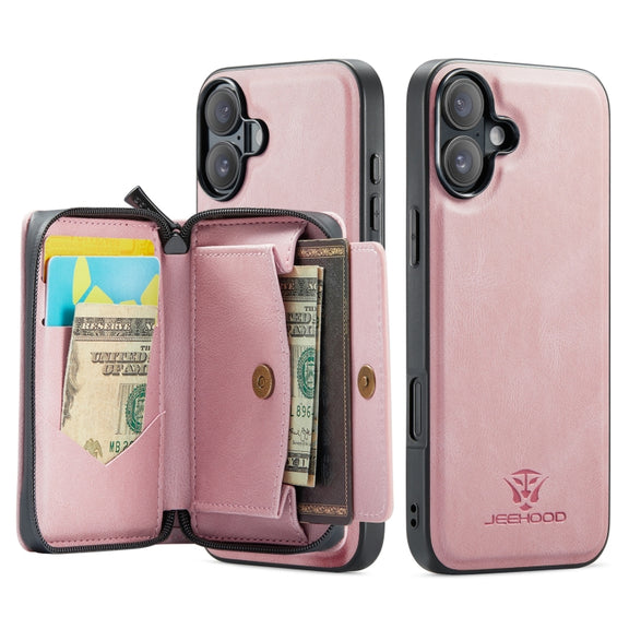 For iPhone 16 JEEHOOD J02 Magnetic Zipper Horizontal Flip Leather Phone Case(Pink)