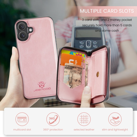 For iPhone 16 JEEHOOD J02 Magnetic Zipper Horizontal Flip Leather Phone Case(Pink)