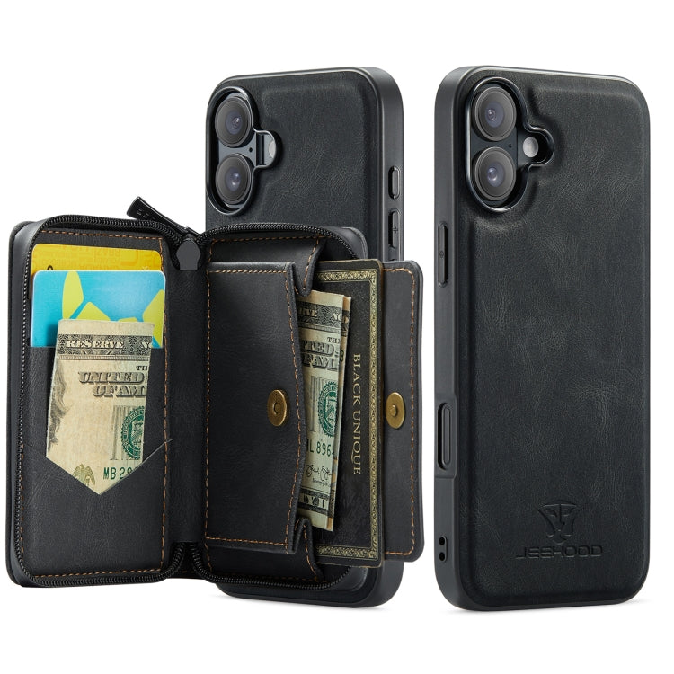 For iPhone 16 JEEHOOD J02 Magnetic Zipper Horizontal Flip Leather Phone Case(Black)