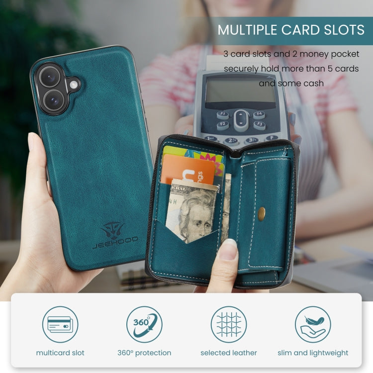 For iPhone 16 JEEHOOD J02 Magnetic Zipper Horizontal Flip Leather Phone Case(Blue)