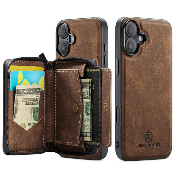 For iPhone 16 JEEHOOD J02 Magnetic Zipper Horizontal Flip Leather Phone Case(Brown)