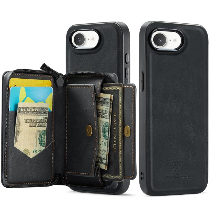 For iPhone 16e JEEHOOD J02 Magnetic Zipper Horizontal Flip Leather Phone Case(Black)