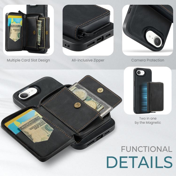 For iPhone 16e JEEHOOD J02 Magnetic Zipper Horizontal Flip Leather Phone Case(Black)