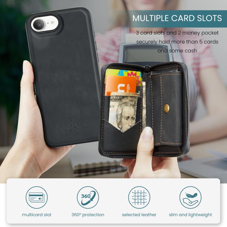 For iPhone 16e JEEHOOD J02 Magnetic Zipper Horizontal Flip Leather Phone Case(Black)