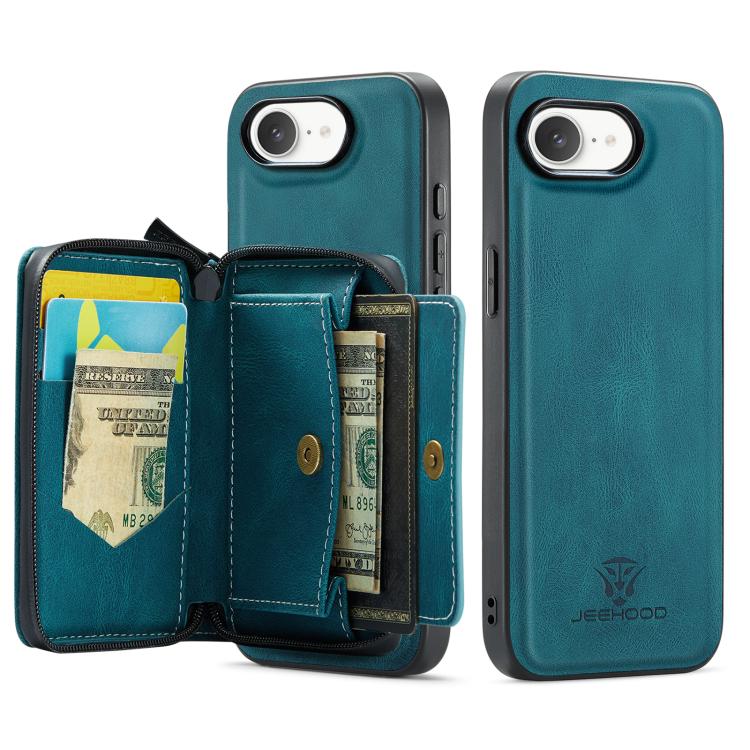 For iPhone 16e JEEHOOD J02 Magnetic Zipper Horizontal Flip Leather Phone Case(Blue)