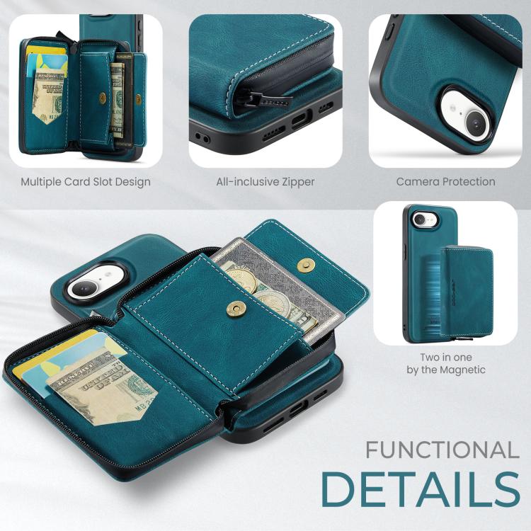 For iPhone 16e JEEHOOD J02 Magnetic Zipper Horizontal Flip Leather Phone Case(Blue)