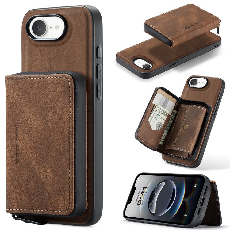 For iPhone 16e JEEHOOD J02 Magnetic Zipper Horizontal Flip Leather Phone Case(Brown)