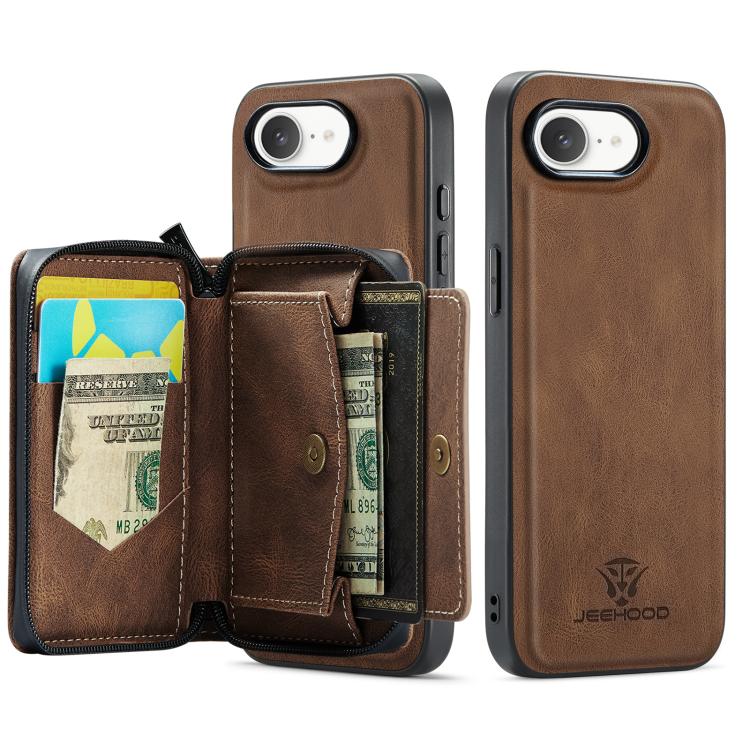 For iPhone 16e JEEHOOD J02 Magnetic Zipper Horizontal Flip Leather Phone Case(Brown)