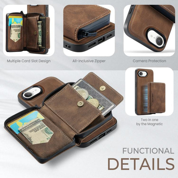 For iPhone 16e JEEHOOD J02 Magnetic Zipper Horizontal Flip Leather Phone Case(Brown)