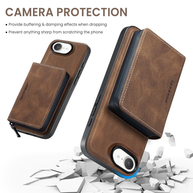 For iPhone 16e JEEHOOD J02 Magnetic Zipper Horizontal Flip Leather Phone Case(Brown)