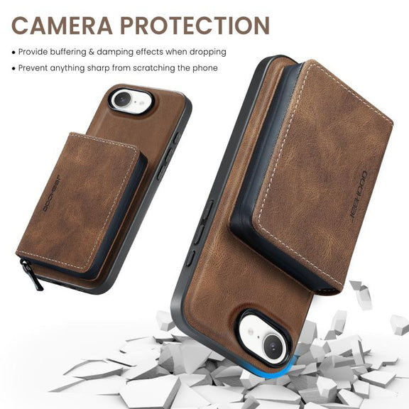 For iPhone 16e JEEHOOD J02 Magnetic Zipper Horizontal Flip Leather Phone Case(Brown)