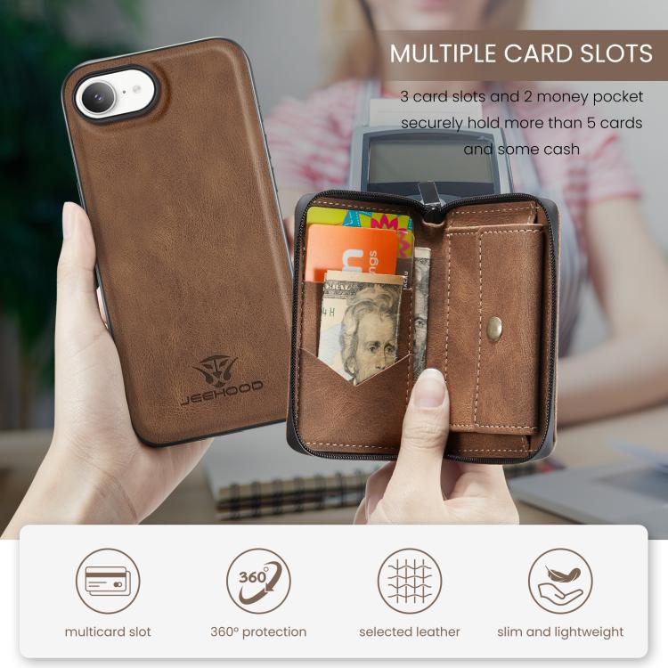 For iPhone 16e JEEHOOD J02 Magnetic Zipper Horizontal Flip Leather Phone Case(Brown)