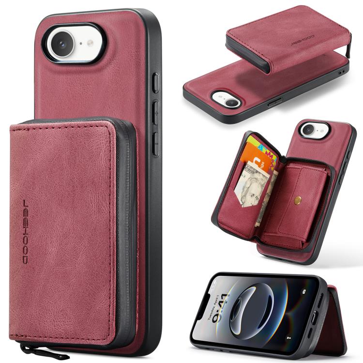 For iPhone 16e JEEHOOD J02 Magnetic Zipper Horizontal Flip Leather Phone Case(Red)