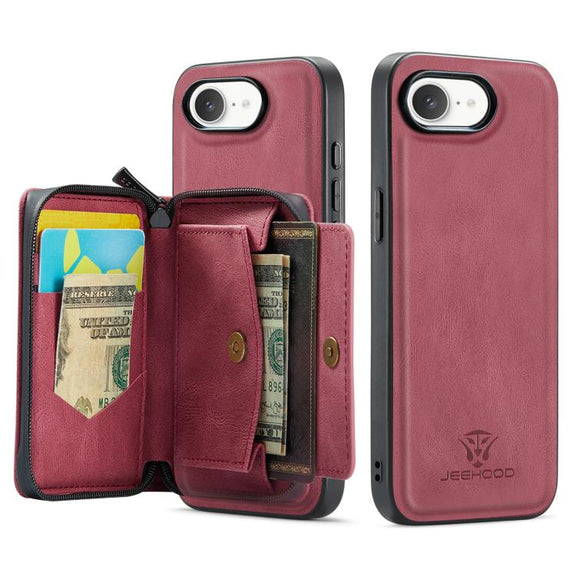 For iPhone 16e JEEHOOD J02 Magnetic Zipper Horizontal Flip Leather Phone Case(Red)