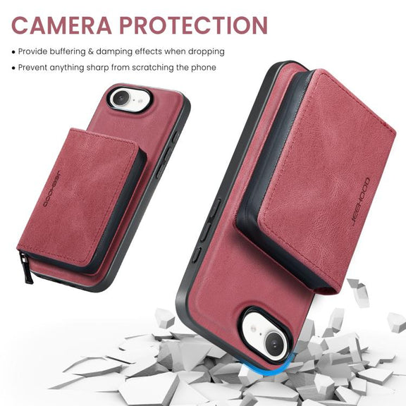 For iPhone 16e JEEHOOD J02 Magnetic Zipper Horizontal Flip Leather Phone Case(Red)