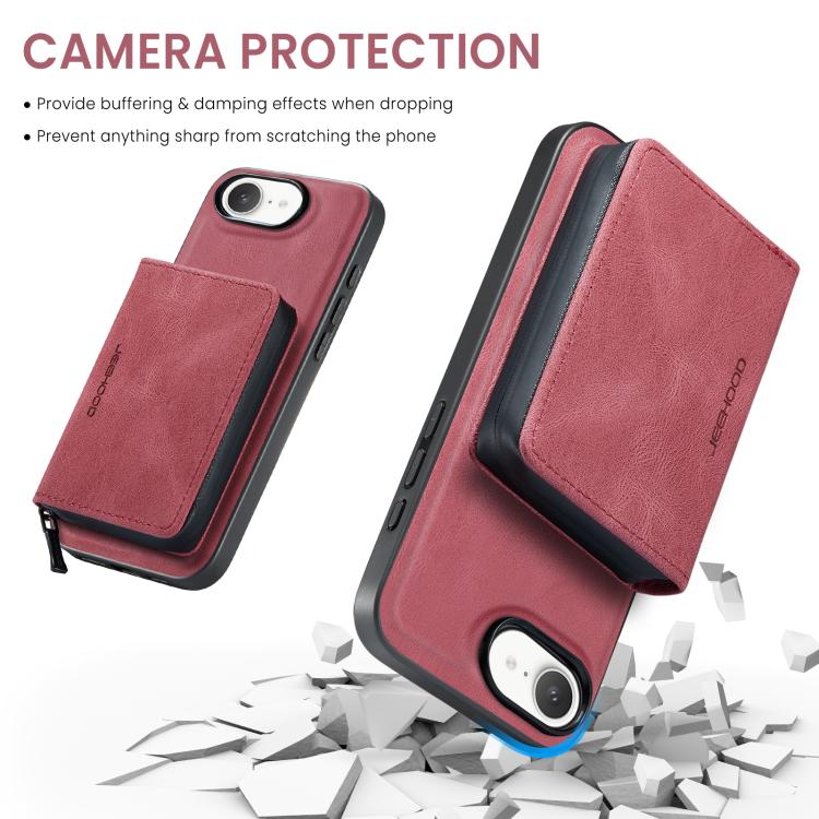 For iPhone 16e JEEHOOD J02 Magnetic Zipper Horizontal Flip Leather Phone Case(Red)