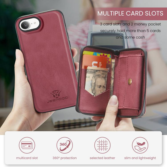 For iPhone 16e JEEHOOD J02 Magnetic Zipper Horizontal Flip Leather Phone Case(Red)