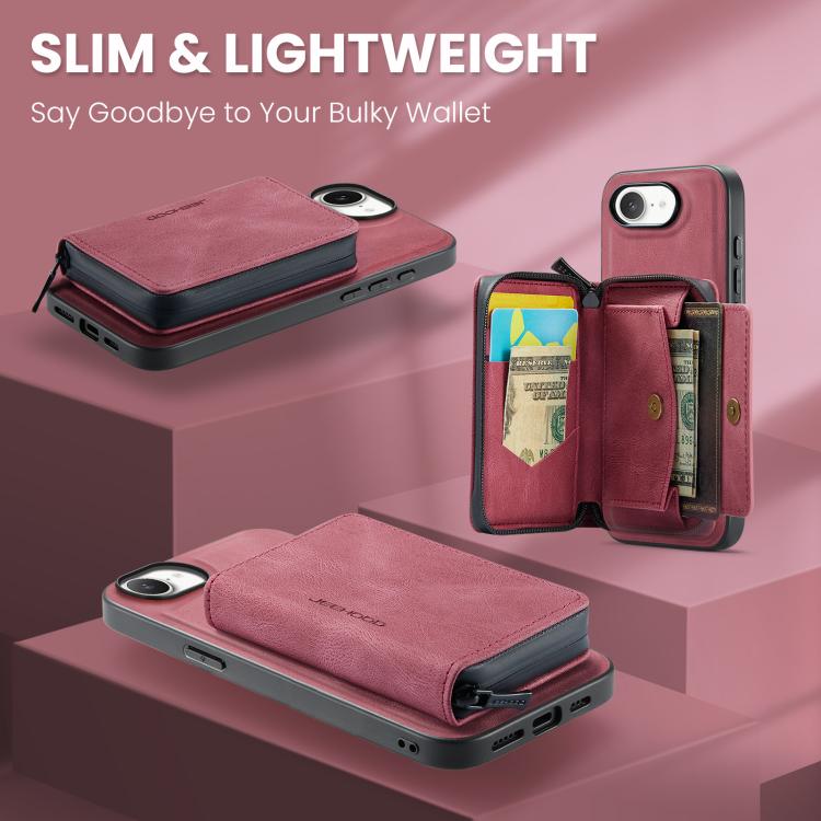 For iPhone 16e JEEHOOD J02 Magnetic Zipper Horizontal Flip Leather Phone Case(Red)