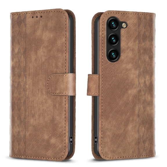 For Samsung Galaxy S25 5G Plaid Embossed Leather Phone Case(Brown)