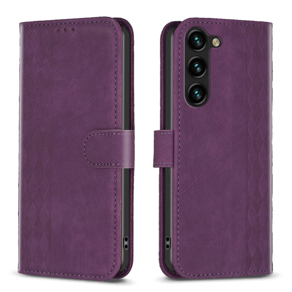 For Samsung Galaxy S25 5G Plaid Embossed Leather Phone Case(Purple)