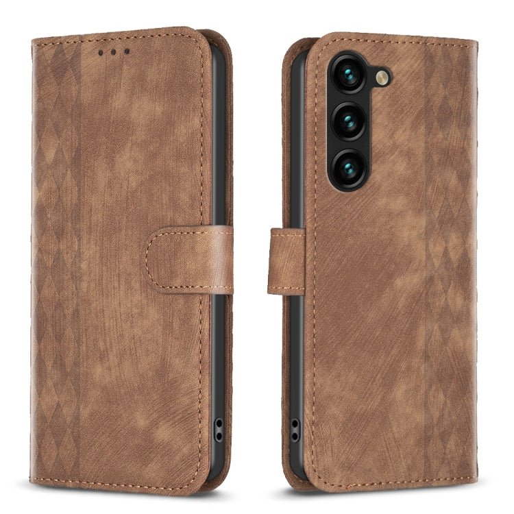 For Samsung Galaxy S25+ 5G Plaid Embossed Leather Phone Case(Brown)