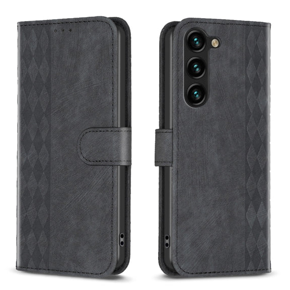 For Samsung Galaxy S25+ 5G Plaid Embossed Leather Phone Case(Black)