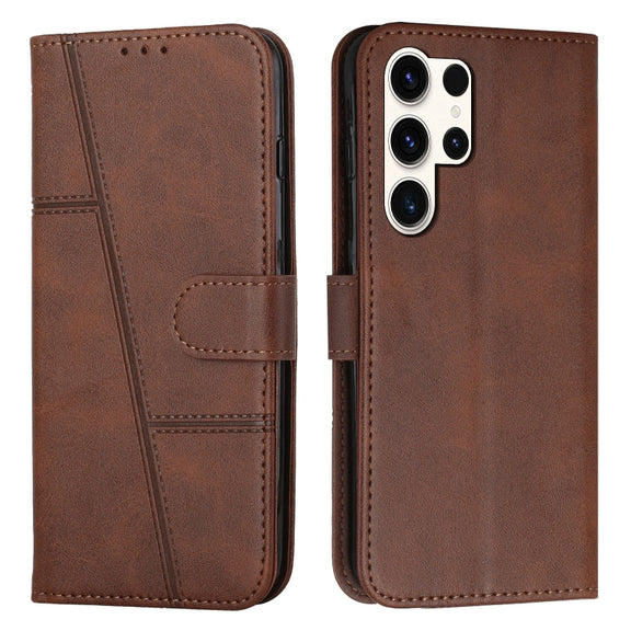 For Samsung Galaxy S25 Ultra 5G Stitching Calf Texture Buckle Leather Phone Case(Brown)
