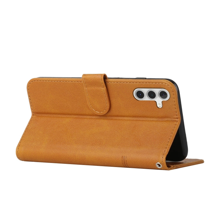 For Samsung Galaxy S25 / S24 5G Stitching Calf Texture Buckle Leather Phone Case(Yellow)