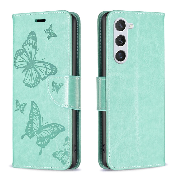 For Samsung Galaxy S25 5G Embossing Two Butterflies Pattern Leather Phone Case(Green)