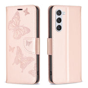 For Samsung Galaxy S25 5G Embossing Two Butterflies Pattern Leather Phone Case(Rose Gold)