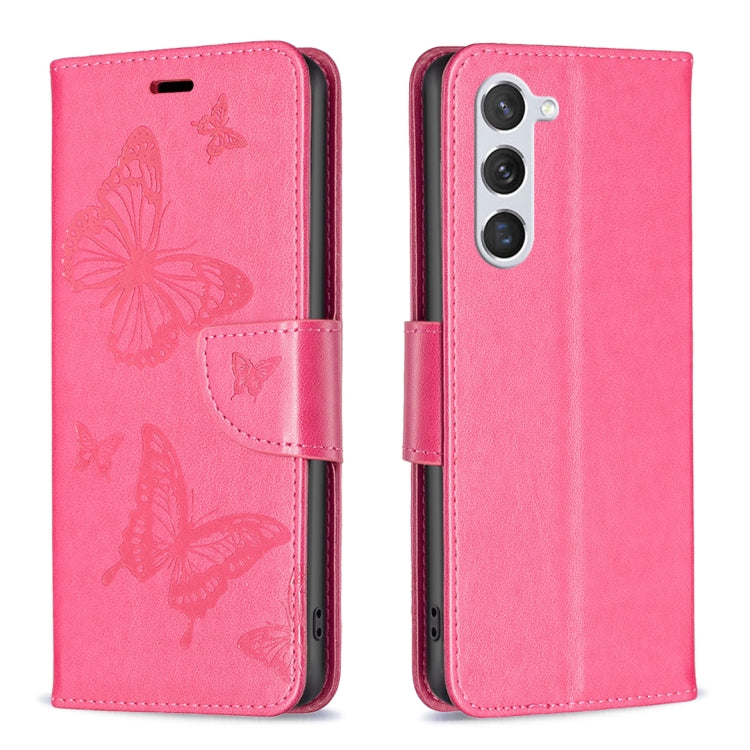 For Samsung Galaxy S25 5G Embossing Two Butterflies Pattern Leather Phone Case(Rose Red)