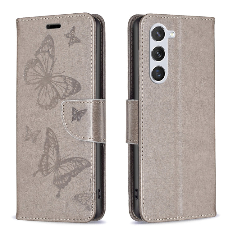 For Samsung Galaxy S25 5G Embossing Two Butterflies Pattern Leather Phone Case(Grey)