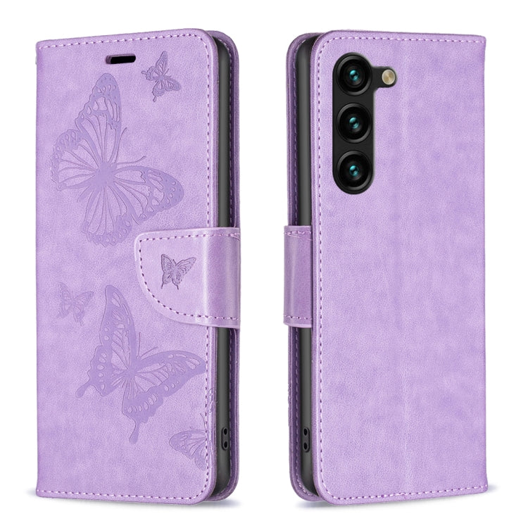 For Samsung Galaxy S25+ 5G Embossing Two Butterflies Pattern Leather Phone Case(Purple)