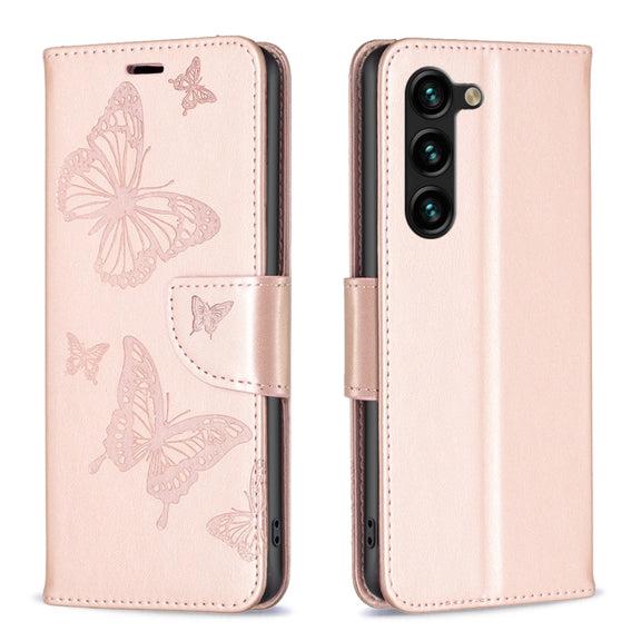 For Samsung Galaxy S25+ 5G Embossing Two Butterflies Pattern Leather Phone Case(Rose Gold)