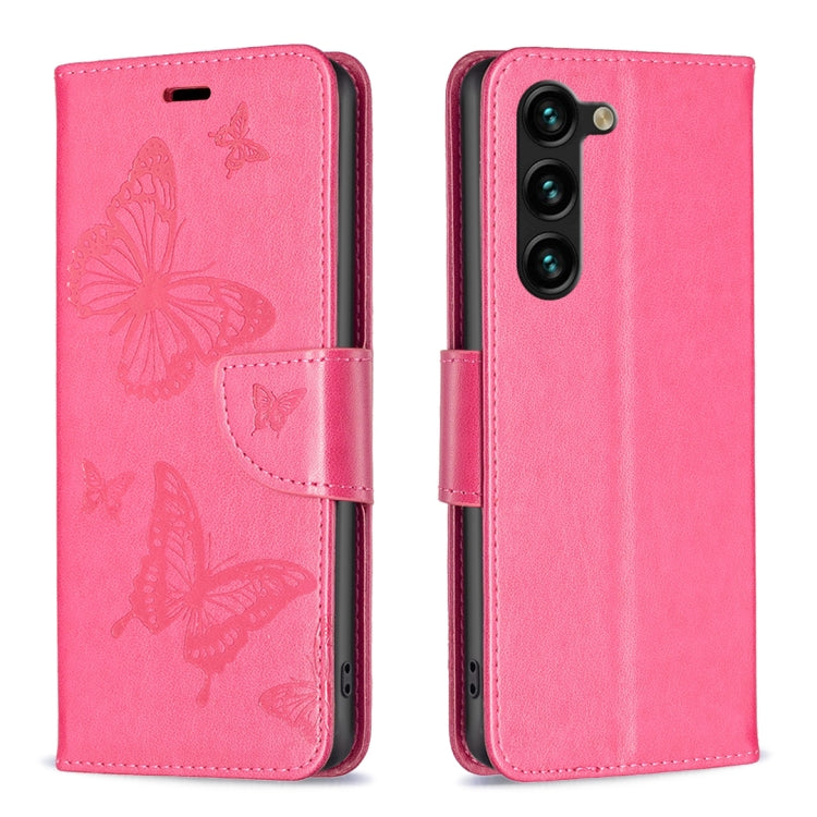 For Samsung Galaxy S25+ 5G Embossing Two Butterflies Pattern Leather Phone Case(Rose Red)
