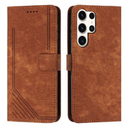 For Samsung Galaxy S25 Ultra 5G Skin Feel Stripe Pattern Leather Phone Case with Long Lanyard(Brown)