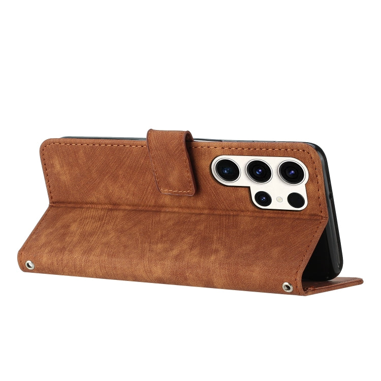 For Samsung Galaxy S25 Ultra 5G Skin Feel Stripe Pattern Leather Phone Case with Long Lanyard(Brown)