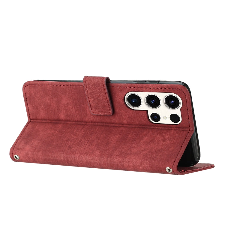 For Samsung Galaxy S25 Ultra 5G Skin Feel Stripe Pattern Leather Phone Case with Long Lanyard(Red)