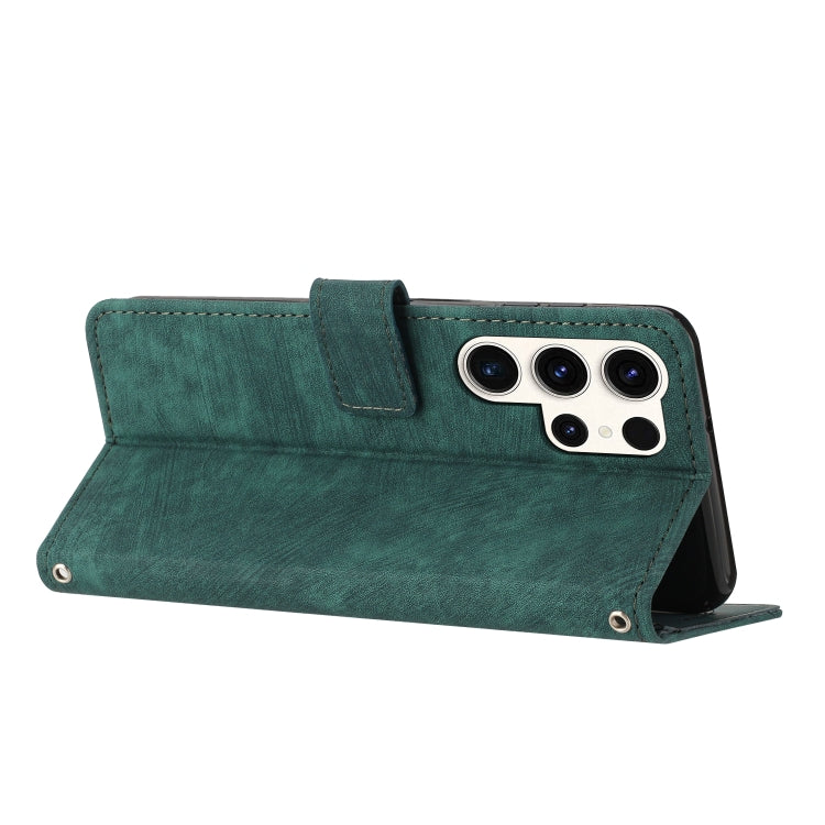 For Samsung Galaxy S25 Ultra 5G Skin Feel Stripe Pattern Leather Phone Case with Long Lanyard(Green)