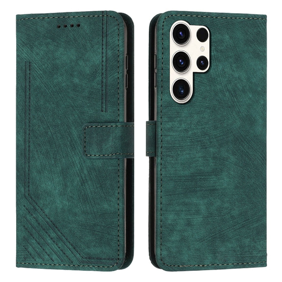 For Samsung Galaxy S25 Ultra 5G Skin Feel Stripe Pattern Leather Phone Case with Long Lanyard(Green)