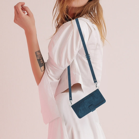 For Samsung Galaxy S25 Ultra 5G Skin Feel Stripe Pattern Leather Phone Case with Long Lanyard(Blue)