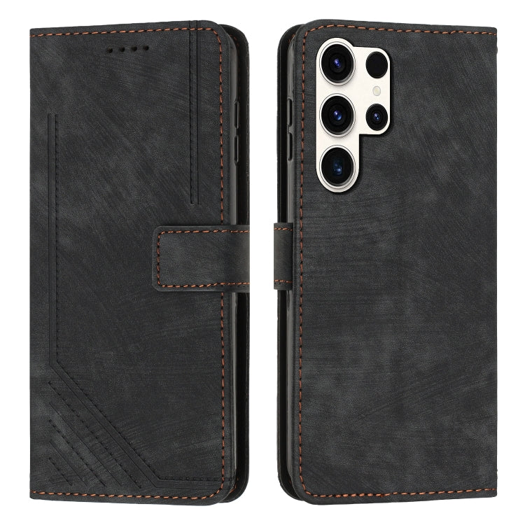 For Samsung Galaxy S25 Ultra 5G Skin Feel Stripe Pattern Leather Phone Case with Long Lanyard(Black)