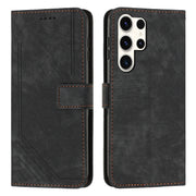 For Samsung Galaxy S25 Ultra 5G Skin Feel Stripe Pattern Leather Phone Case with Long Lanyard(Black)