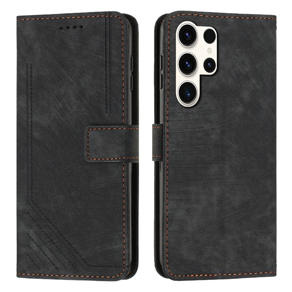 For Samsung Galaxy S25 Ultra 5G Skin Feel Stripe Pattern Leather Phone Case with Long Lanyard(Black)