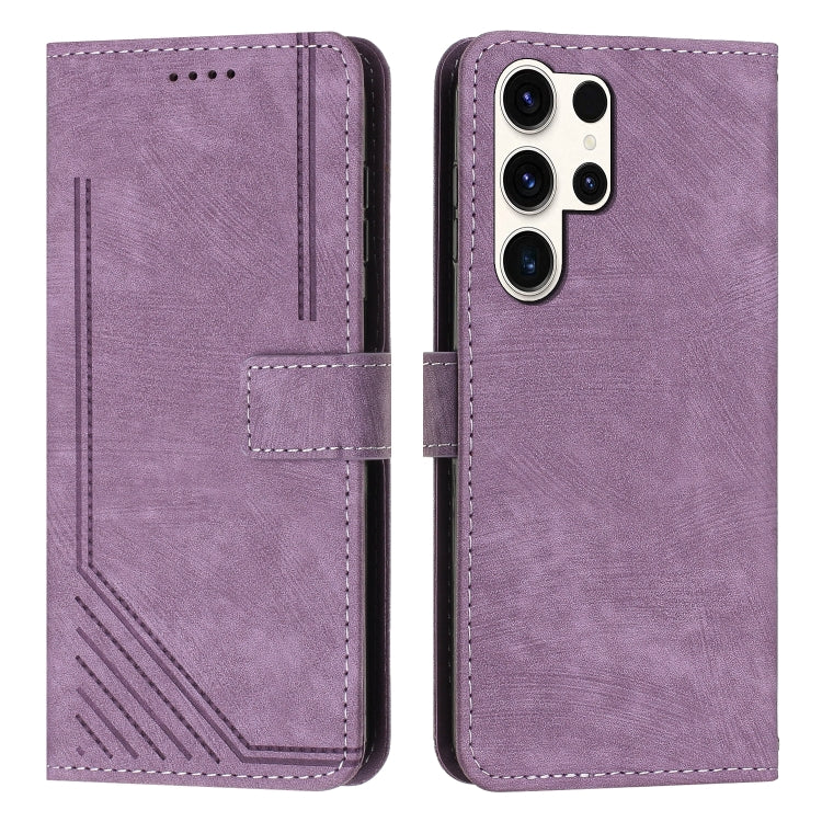 For Samsung Galaxy S25 Ultra 5G Skin Feel Stripe Pattern Leather Phone Case with Long Lanyard(Purple)