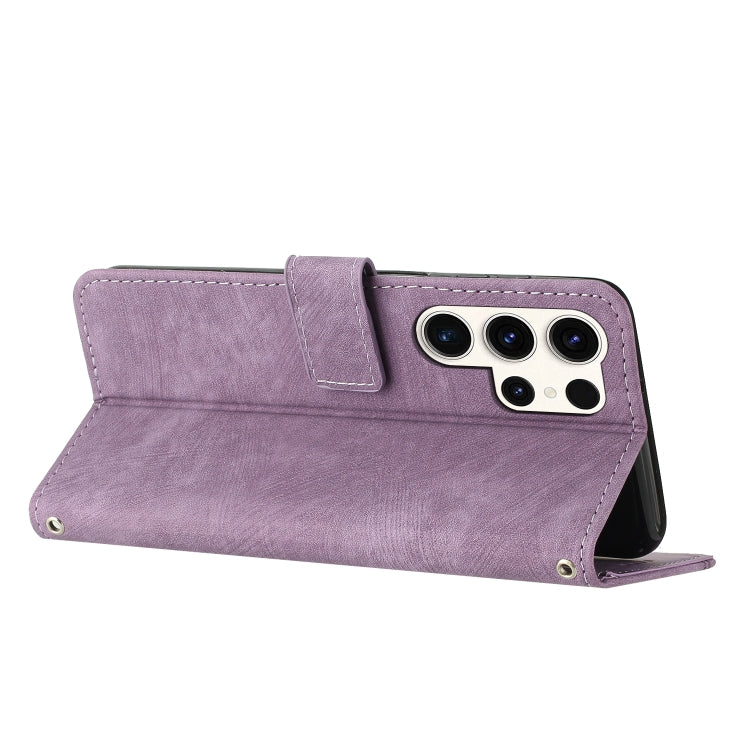 For Samsung Galaxy S25 Ultra 5G Skin Feel Stripe Pattern Leather Phone Case with Long Lanyard(Purple)