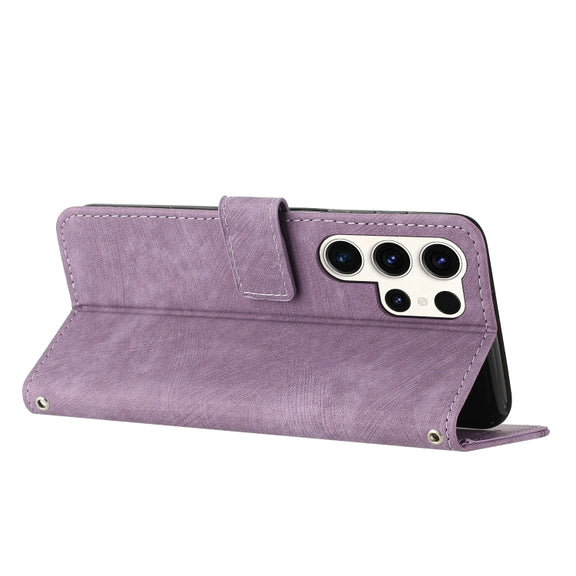 For Samsung Galaxy S25 Ultra 5G Skin Feel Stripe Pattern Leather Phone Case with Long Lanyard(Purple)
