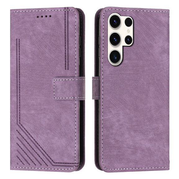 For Samsung Galaxy S25 Ultra 5G Skin Feel Stripe Pattern Leather Phone Case with Long Lanyard(Purple)