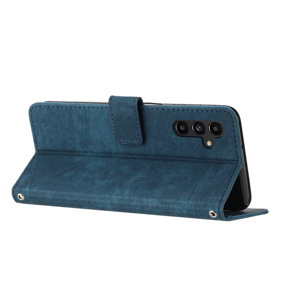For Samsung Galaxy S25 / S24 5G Skin Feel Stripe Pattern Leather Phone Case with Long Lanyard(Blue)