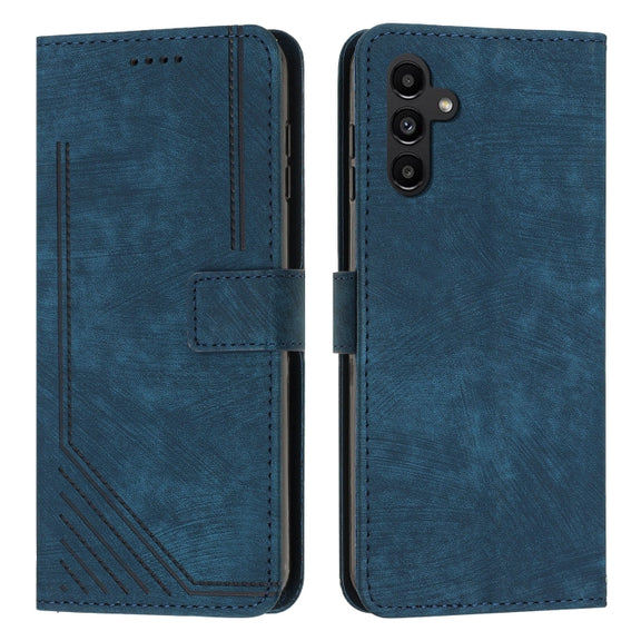 For Samsung Galaxy S25 / S24 5G Skin Feel Stripe Pattern Leather Phone Case with Long Lanyard(Blue)